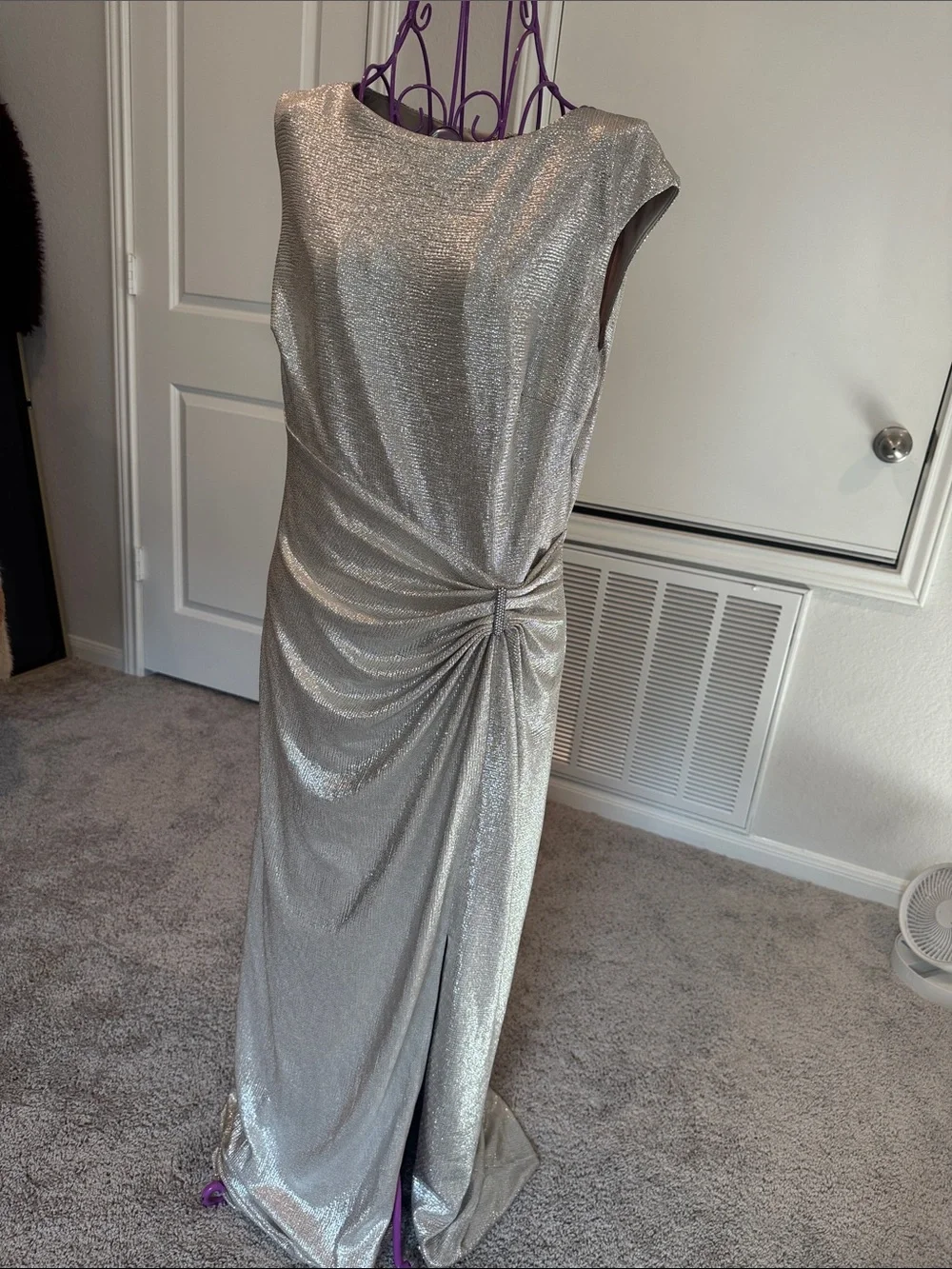 Ralph Lauren Silver Metallic Sleeveless Maxi Dress with Side Knot - Picture 2 of 5